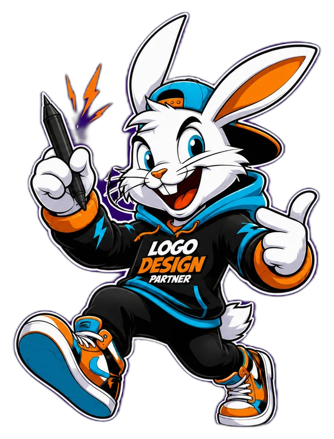 Logo Design Partner bunny mascot giving a thumbs up with a pen