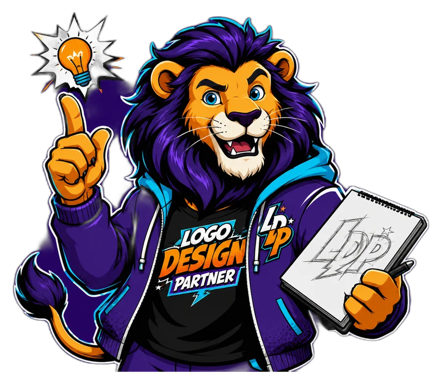 Logo Design Partner lion mascot with a bright idea and a sketchpad