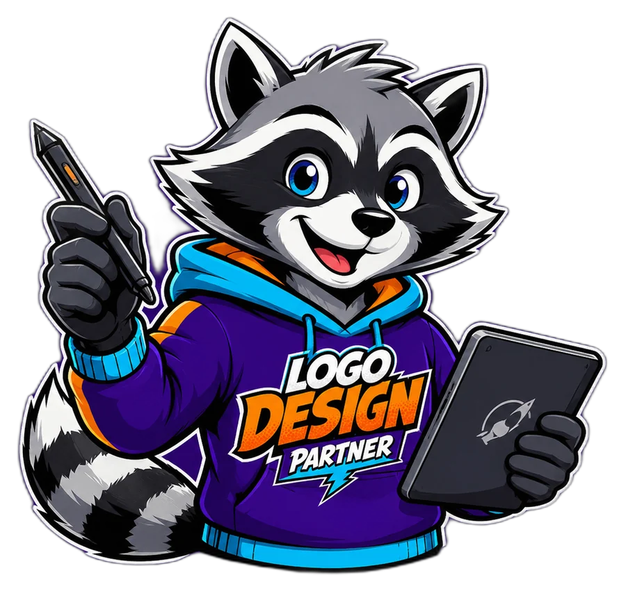Logo Design Partner raccoon mascot holding a stylus and tablet