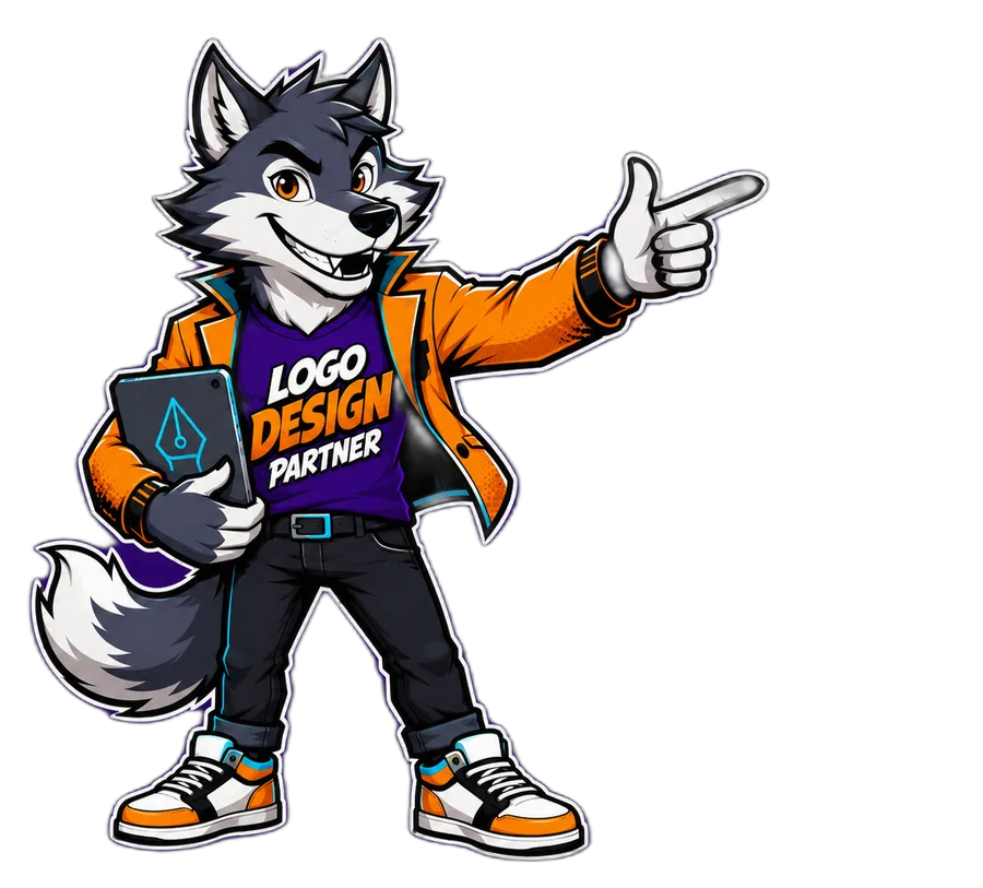 Logo Design Partner wolf mascot pointing with a design tablet